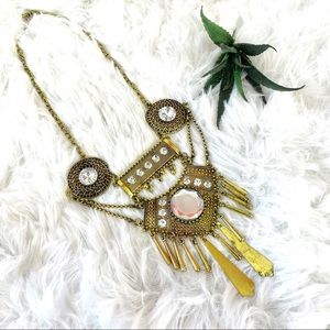 Bohemian Gold Statement Necklace with Clear Crystal Accents